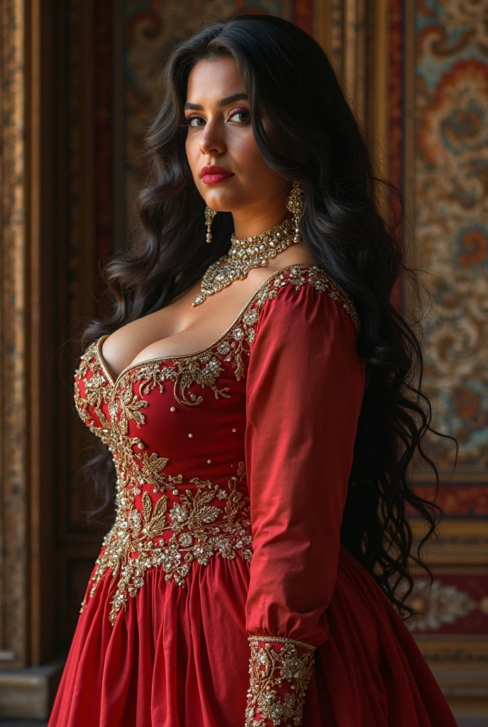 Facial perfect,the red lips,the blue eyes,body perfect, perfect big breasts, perfect muscular body, woman with perfect hair, long dark brown curly hair with very long dark brown curly hair, super long dark brown curly hair with very super long dark brown curly hair, wearing Native American Tribe Costume with Native American Hat,full body costume,realisian proportions, good proportions,Black ash on face and neck
