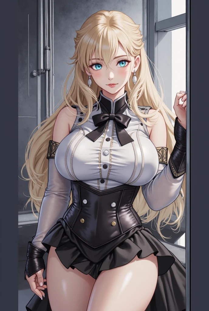 Masterpiece, Superior image quality, high resolution, 4k image,photo and gross, photorealistic, whole body, distant view, 1 young man of 15 years, {{{vagina}}}, big breasts, beautiful face, Long blonde hair, blue eyes, very detailed eyes, pink cheeks, shy expression, choker:1.6, (white collar button down long sleeve shirt), black gloves, gloves that cover hands, (black leather corset), (shiny black leggings), Sensual Lips, show details in the eyes, looking at the viewer, large elegant illuminated room