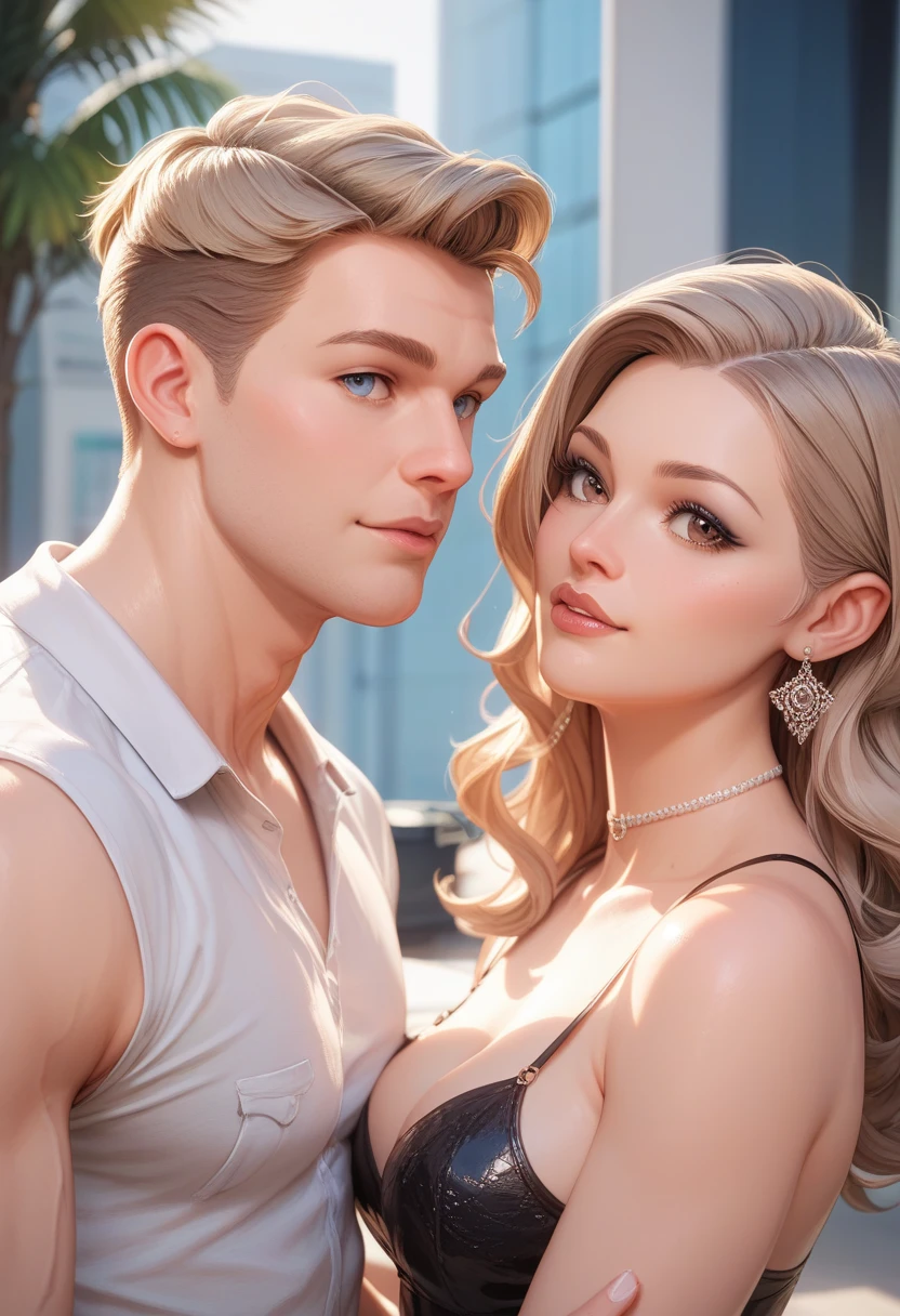 (1 blonde girl with green eyes), (1 adult brunet man with beard), (male and female), (masterpiece:1.2, best quality), girl with a bun, happy couple, (correct anatomy), a high resolution, (beautiful detailed faces), (detailed beautiful eyes: 1.2), ((anatomically correct hands)), (detailed 8k wallpaper, masterpiece, best quality, best shadow), ( detailed background), (depth of field, bokeh:1.2), (best illumination, an extremely delicate and beautiful), semi-realistic, evening dramatic lighting, sunset sky, in the background festival