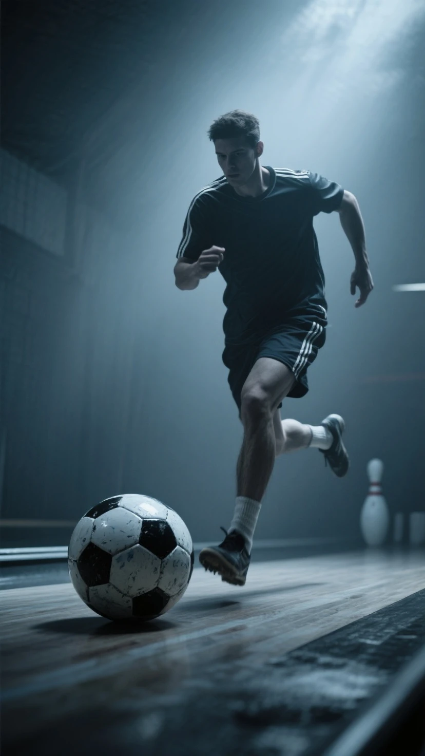A skinny teenager, with skin, with black hair, short and combed to the side. He is wearing a white shirt. Your shorts are blue, His socks are white and he wears black futsal boots. He is on a futsal court with white neon lights. The court floor is gray. He is kicking a ball.