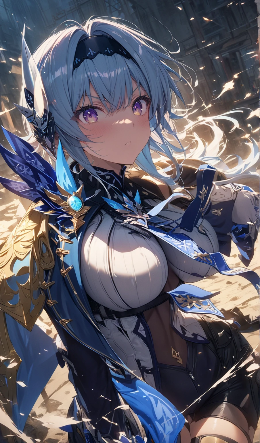 1girl,solo,super detailed skin,shiny skin,wet oily skin, natural smile,eyelashes,blue hair,double bun,large breasts,holding mechanical huge gun,unique and complex clothes ,fantasy landscape,masterpiece,best quality,ultra detailed,high resolution,sharp focus,depth of field