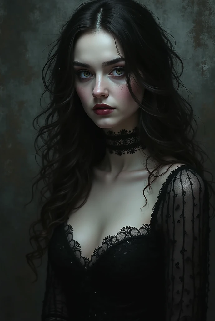 a beautiful slim victorian gothic girl with big breasts, deep cleavage, sensual expression, detailed face, detailed eyes, detailed lips, intricate lace dress, dark moody setting, dramatic lighting, cinematic composition, oil painting, hyper realistic, highly detailed, masterpiece, 8k, photorealistic