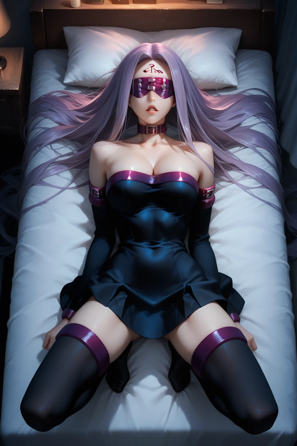 character: a cute sexy beautiful young girl(21 years aged). body :blue eyes, purple kempt hair ,medium breasts, perfect sexy body wearing : a black mask that covers her mouth , a black rose on her hair ,a black ribbon around her neck, *a sexy half purple transparent bra with black strips and flower design, *a black panty with purple strips and purple flower design, a black colored bracelet on her left hand only , long socks and boots, just wearing these all setting: she is lying on a white bed showing her full body from top-front view. pose: shown her full body , spreads her both hands on both side, winks at us with lustful eyes ( "*" marked must be done well )