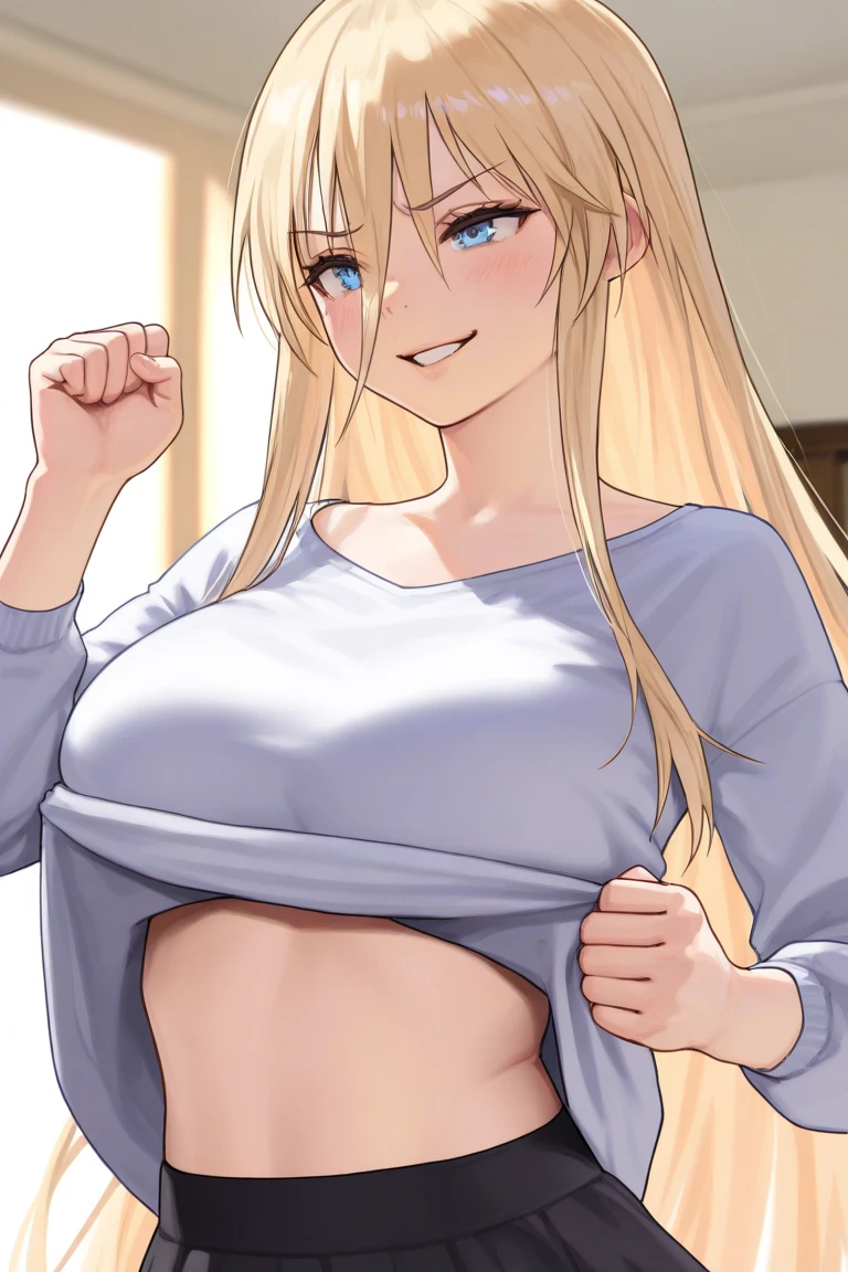 masterpiece, akai haato, hololive, 1girl, bangs, blonde hair, blue eyes, blush,(huge breasts), , hair between eyes, hair ornament,heart, heart hair ornament, long hair, , , one side up, red ribbon, , sidelocks, simple background, smile, solo, sparkle, virtual youtuber, white background, cowboy shot, :d, ,v,waving,blush,sweating,,closed mouth,indoor,sit on sofa,camisole,denim shorts