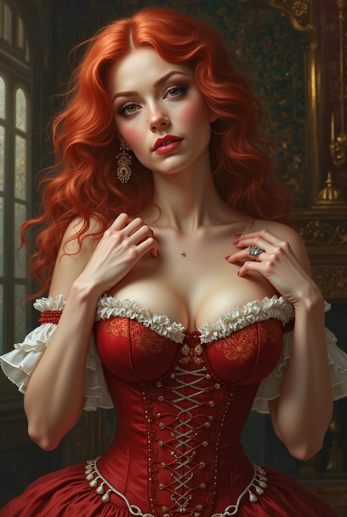 A European girl with vibrant ginger hair and grey eyes, ((astonishing naked nudist fetish nun)), standing up, elegant, holding a whip, veil, (((undressing))), lifting up gown right enough to expose a little of her lovely crotch, sexy face, sexy, voluptuous, huge heavy enormous gigantic breasts, cute sweet face, climax transport expression, round sexy ass, look at viewer, sexy femdom, sweet lovely candid expression, fetish clothes, light_red leather micro corset, stockings, bottomless, She wears a stunning red dress adorned with intricate Chinese patterns, featuring a red corset and crinoline, freckles, large breasts, nice nipples, excited, inviting big promising smile, ginger hair, two braids, hyper detailed realistic scene, dynamic natural pose,