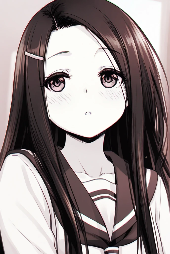 1girl,perfect ,black hair, long hair, (hair over one eye:1.4), messy hair, hair between eyes, plump chubby,fat, busty breast, cute motif pajama, cute shy blush on , bedroom 