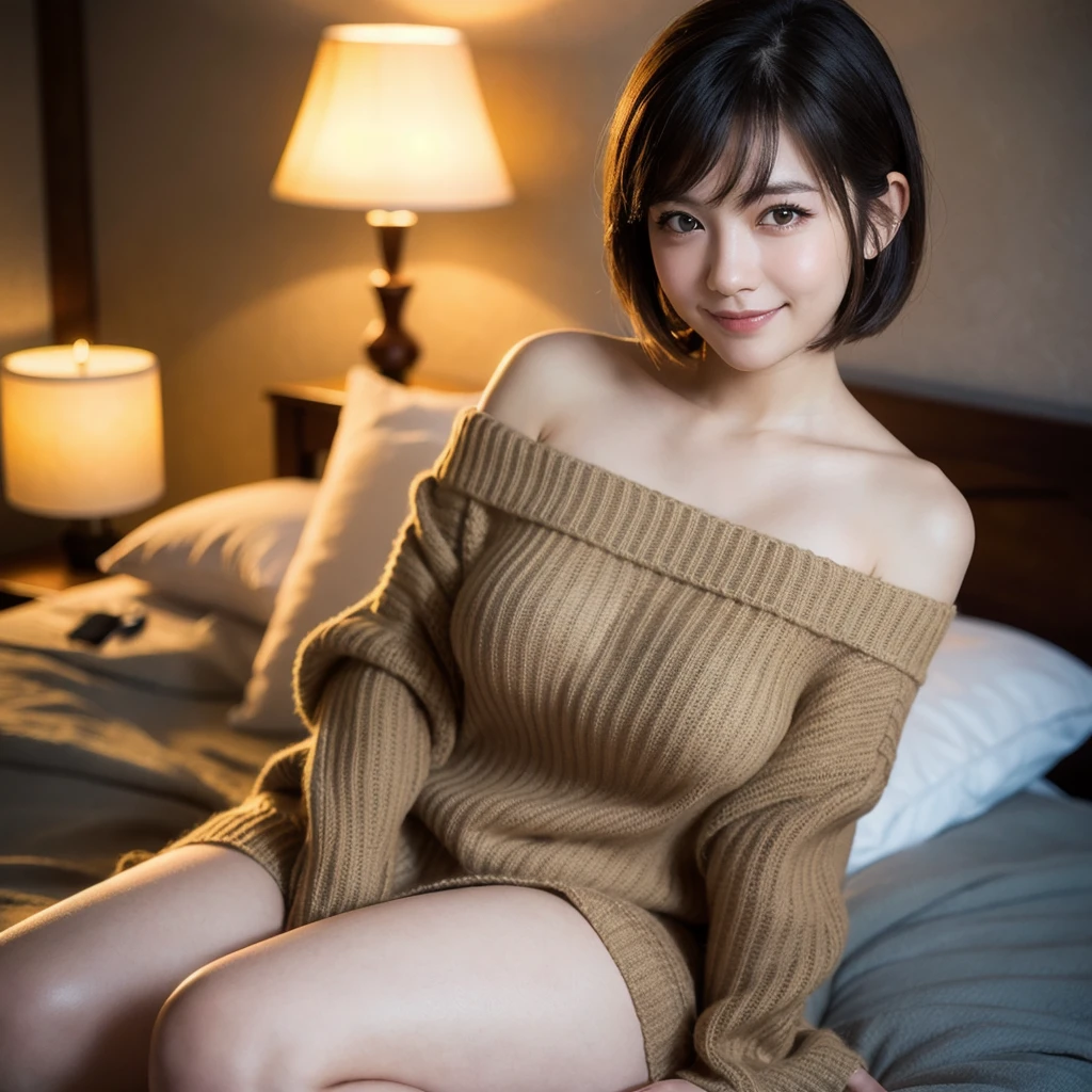 best quality, hyper detailed, beautiful, woman, brown hair, looking at viewer, short hair, brown eyes, big eyes, pale skin, voluptuous, beautiful breasts, beautiful ass, off shoulder top, smaller face, japanese idol, cute face, adult, japanese, kawaii, photorealistic, raw photo, full body shot, mini skirt, in the bedroom, at night, shy, from above, grinning, lying on back