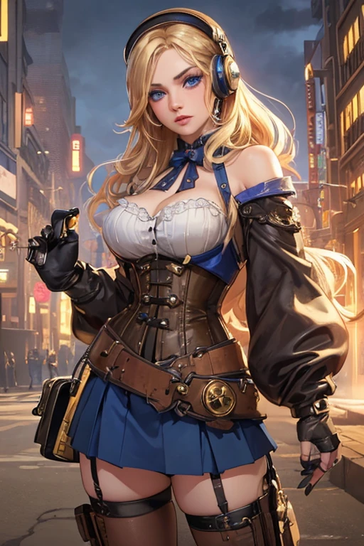 Ultra Realistic, absurd, 8K, Perfect Art, Super Detailed Rendering, Masterpiece, High Quality, high resolution, ultra-detailed, Clean, Masterpiece, Professional Artwork, beautiful, masterpiece, best quality, Bright Golden Blue Eyes, (sparkling eyes:1.5), beautiful Blue eyes, (blonde hair: 1.4), long hair, beautiful face, detailed female face, (((perfect female body, narrow waist))), beautiful female body, full body, very pretty woman, young, very pretty woman, sexy, short, sexy, very attractive, (very big breasts:1.4), (huge breasts), rogue anime girl, rpg portrait full body, official character art, Bangs, Twin Drills, twintails, hair bows, red scarf around kneck, Green vest over a white t-shirt, Gray short shorts, gold belt, coiled whip hanging from hip, white thigh highs, brown walking boots, buxom chested, large breasts size, with large breasts, stunning, big breasts, slipping out of top, areola, areola slip, visible areola, NSFW, nsfw, big breasts!, nsfw huge breasts, Oppai