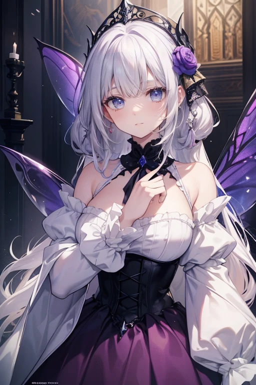 (character//1 girl,((slightly pink white hair:1.2)),(With bangs),(long hair),(Hair with only the tips curled:1.3),BREAK ((blue eyes)),(The inside of your eyes is so clear and beautiful),((small breasts:1.3)),(cleavage:1.3),(slight blush),(open mouth smile),BREAK (fashion//Overall Gothic  style black, white and purple outfit.,(Voluminous skirt with slits and ruffles:1.2),Off-the-shoulder long sleeves,(chain necklace and jewelry),The cuffs of the sleeves are soft),((Transparent butterfly wings on the back)),BREAK (background//A fantasy space where butterflies fly around),(close up of face),(Beautiful with diffused reflection of light:1.3),BREAK pose//((Raising both hands high in the air)),