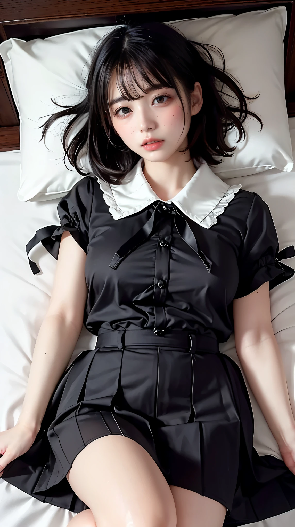 A bimbo as a 5-year-old schoolgirl in her princess bedroom wearing a dog collar. Tight clothes. Sheer stockings. Pov. On the bed.