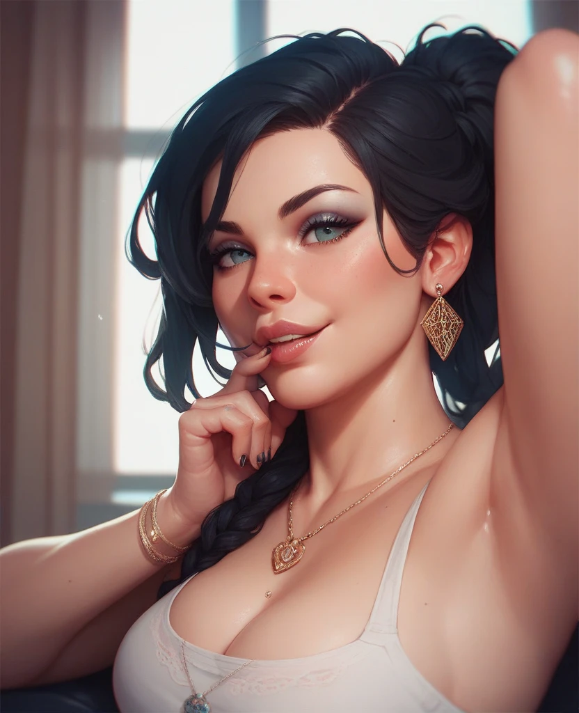 Cinematic. Raw photo. The most beautiful and busty 35yo WOMAN takes an upper body selfie of her stunning cleavage with kissing expression. A WOMAN's face must be accurate and visible in any detail. The WOMAN has side-shaved purple hair. The WOMAN's hair have cyan tips and green strains. The WOMAN has heavy dark smokey makeup on the eyes. The WOMAN has heavy dark matte olive green lipstick. The WOMAN wears a very intricate and detailed leather and metal choker. The WOMAN wears a piercing o eyebrow. The WOMAN wears a piercing on an nose hole. The WOMAN wears red dices as ears jewels. The WOMAN is looking straight at the viewer with tender expression and is blushing, slightly embarassed. The WOMAN's skin is very realistic and very accurately detailed. The WOMAN is almost smiling, but is hard to see. Many details everywhere. Ray-Tracing. Anti-Aliasing. Realistic reflections. Realistic soft shadows. Slightly desaturated colors. Insane quality. Insane resolution. Insane details. Masterpiece. 16k resolution