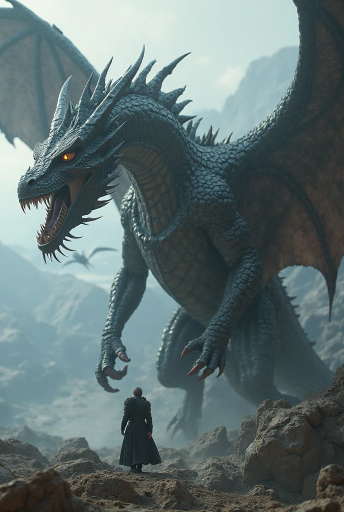 Create a detailed image of Aegon Targaryen on the battlefield on his dragon in the sky