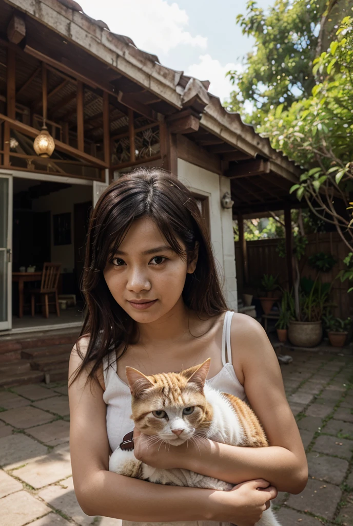 seorang anak laki laki sedang bersama kucing, memakai pakaian bertulisan dhamansah lihat oleh banyak orang di pasar, di indonesia
