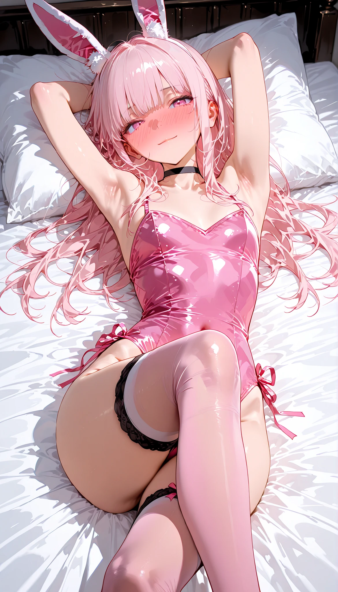 Pink straight medium twin tails、Shihodo Narika、Pink Hair、No sleeve、Shoulder、Ninja costume、Super Subaru Flash Ninja Haruka、Sequined Swimsuit Leotard、Dark bedroom at night、A chuckle and a smile、Evil Female Executives、Upper body emphasis、Hands on chest、Lie down in bed