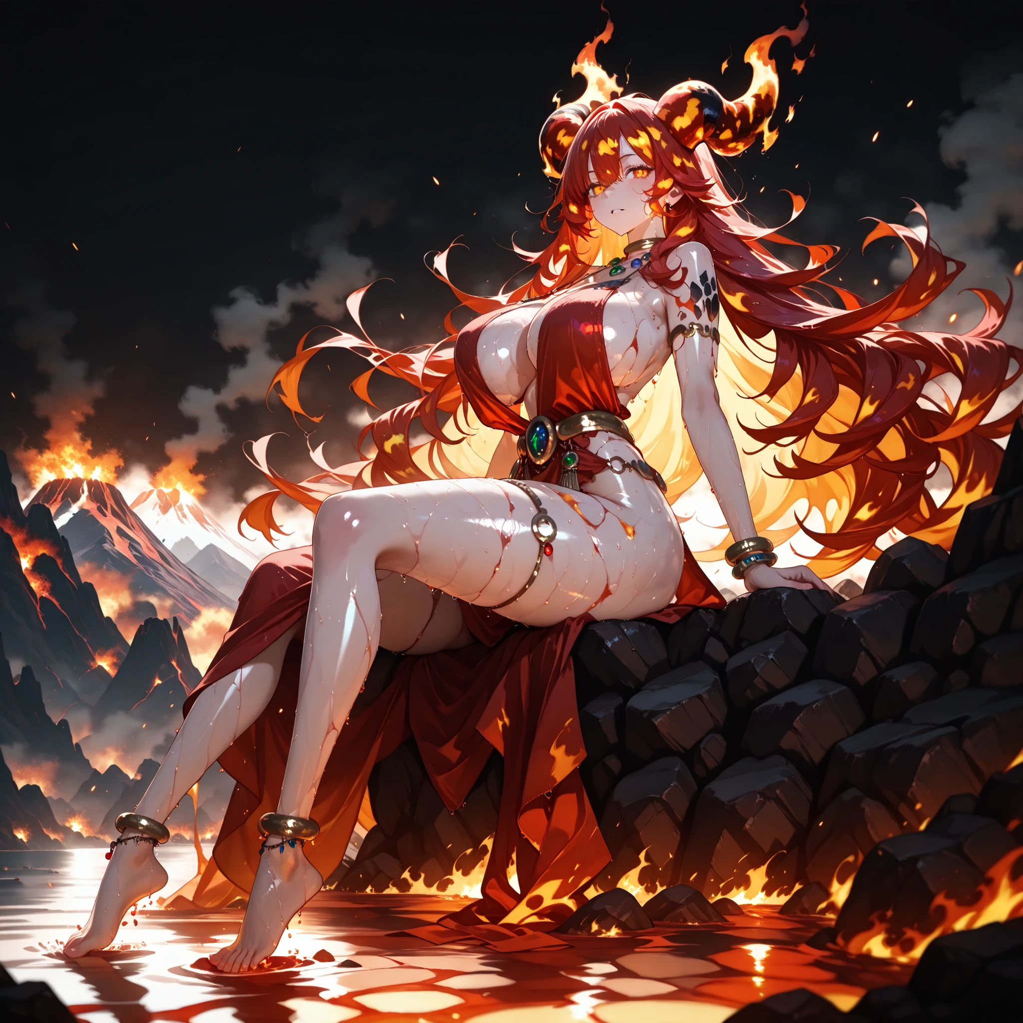 (SuperQuality:1.0) ~ (SuperQuality:1.2), 748cmstyle, detailxl, 1girl, Solo, High Resolution, Best Quality, High Details, Super Detailed, ((volcanoes)), ((dark background)), smoke, magma temple, human form, red hair, long hair, messy hair, ((fire hair)), large breast, yellow inner dye, orange eyes, horns, jewelry, barefoot, red dress, revealing clothes, necklace, anklets, bracelets, ((bathing in the lava)), ((close up)), side angle,