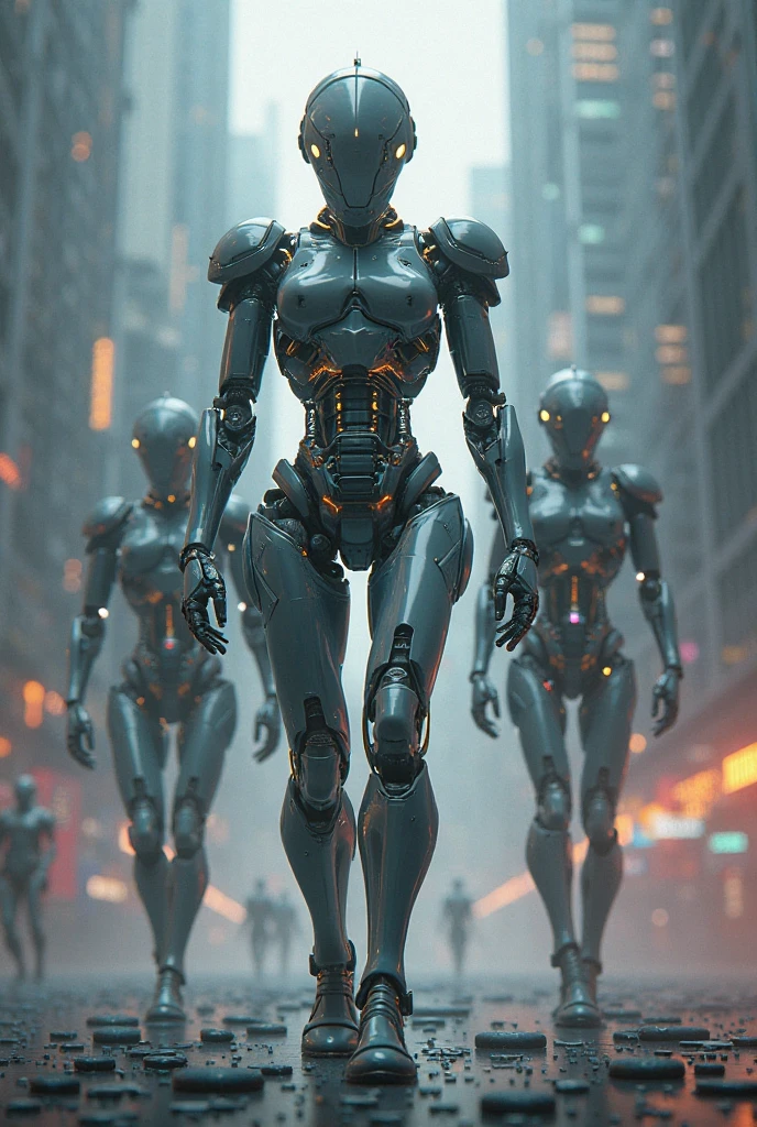 Three men and a woman in technological armor