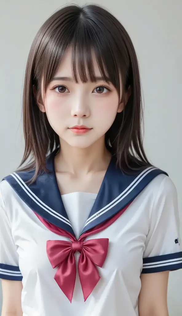 sailor suit, one woman, (a beauty woman, delicate :1.3), black hair, semi straight hair, Bangs Patsun, 8K, highest quality, masterpiece, Super detailed, ultra high resolution, realistic, RAW photo, absolute resolution, small face compared to body (4:1), very small face (4:1), The face is balanced, black hair, navy blue sailor uniform, Dark blue skirt, High school girl in sailor suit, realistic女子高生, (((white headband))), small , tall, slanted eyes, light blue eyes, (In front of the school gate), (black stockings), open your mouth, smile, stand, School bag on shoulder,