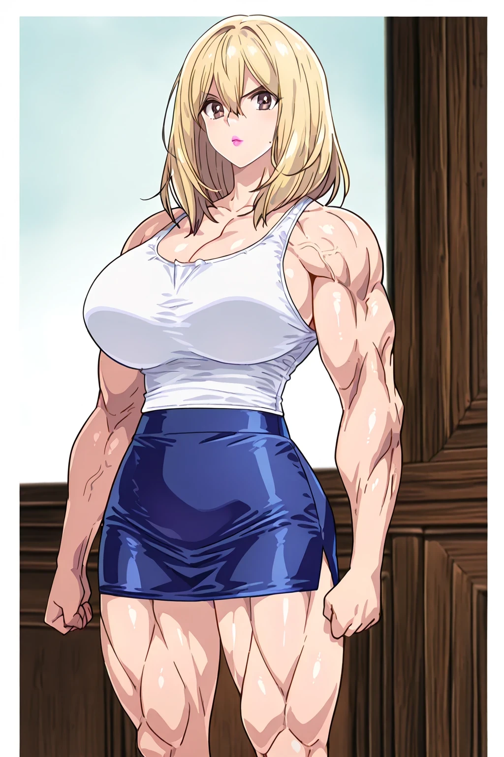 fullbody view, cute lovely very sensual woman standing in a living room, awesome feminine body of absolute perfection, blouse and long pleated skirt, ankle-long skirt, stunningly breathtakingly beautiful female bodybuilder with enormous bulky musculature, perfect muscle definition, no body fat, very long blonde hair, large round breasts