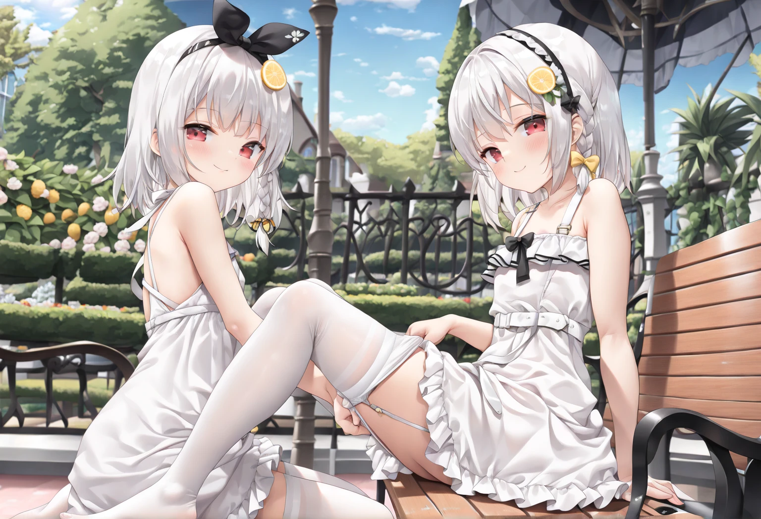 (best quality),(highly detailed),(masterpiece),(ultra-detailed),(absurdres),(((artbook))),((8k_wallpaper)),big ass,Bare thigh,huge_breasts,barefoot, 1girl, solo, animal ears, cat, barefoot,cat ears, short sleeves, grass, short hair, smile, white hair, puffy sleeves, white dress, maid, sunlight, brown eyes, dappled sunlight,petite, outdoors, puffy short sleeves, bangs, full body, tearfully, crying, cats, white big butt, white underwear, nipple