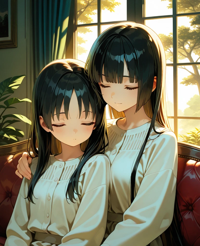 Beauty mother-in-law Black Hair Mother and daughter have beautiful breasts hair band Mourning clothes funeral Both mother and daughter are holding back tears.