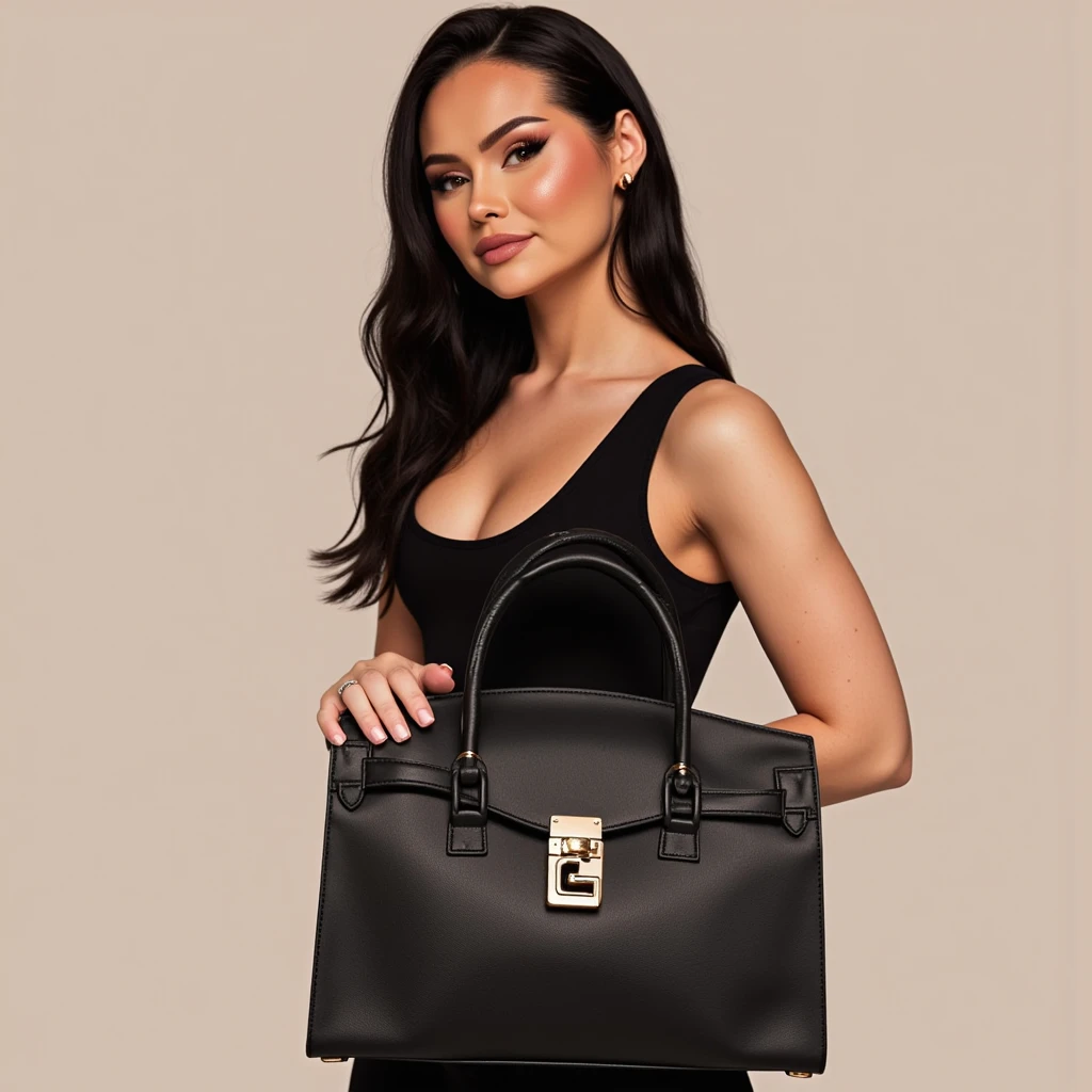 1 woman, White skin, green eyes, delgado, Prostitute in a Gucci dress, huge breasts, huge buttocks, gucci bag, gold watch, gold chain around the neck, Photo studio, Black background