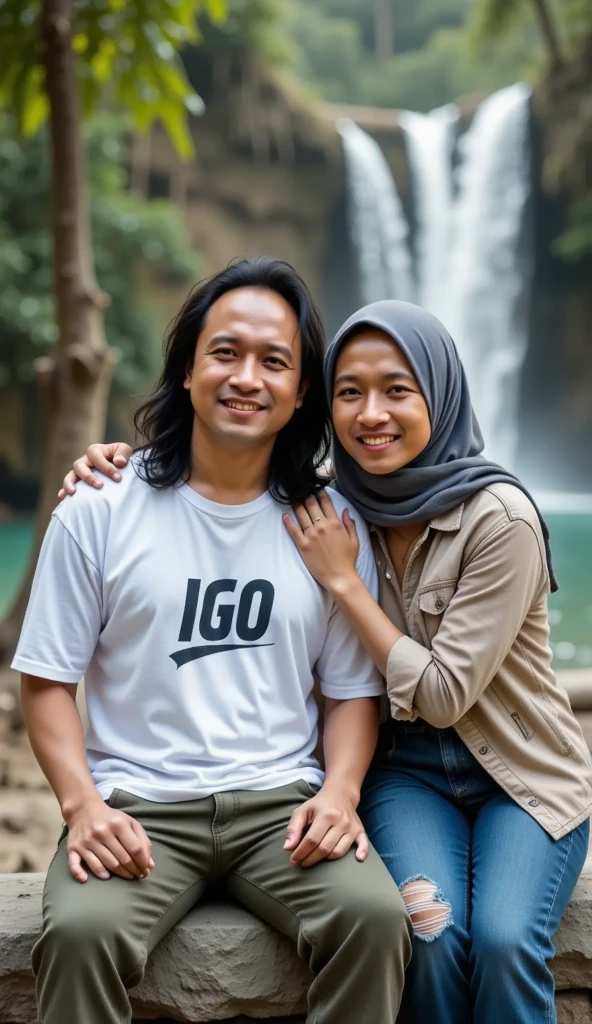 Caricature of a husband and wife riding a bicycle, romantic. Husband, 50 years old, short black hair, wearing a dark blue t-shirt, black jeans, white hat, sports shoes. Beautiful smiling wife, 45 years old, wearing a red hijab, white bone t-shirt, dark blue jeans. Indonesian rural background. Realistic 4D.