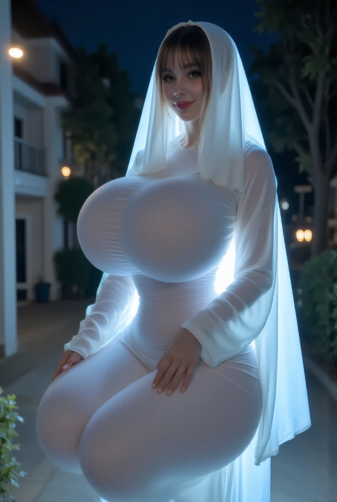 Stunning girl, best quality, ultra high res, (photorealistic:1.4), revealing white church dress, black choker, (faded ash white hair:1), (gigantic breasts, large breasts, huge breasts:1.4), droopy breasts, thick thighs, thick wide hips, big booty, view from back, back shot, looking at viewer, church, close up