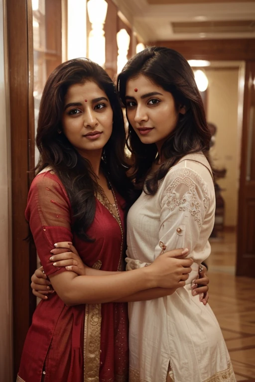 Anushka Shetty, curvy, British, 20s, beautiful nurse, smile, front view, bedroom, dark room, hugging and kissing her friend Emma Watson from behind, holding boobs of her friend