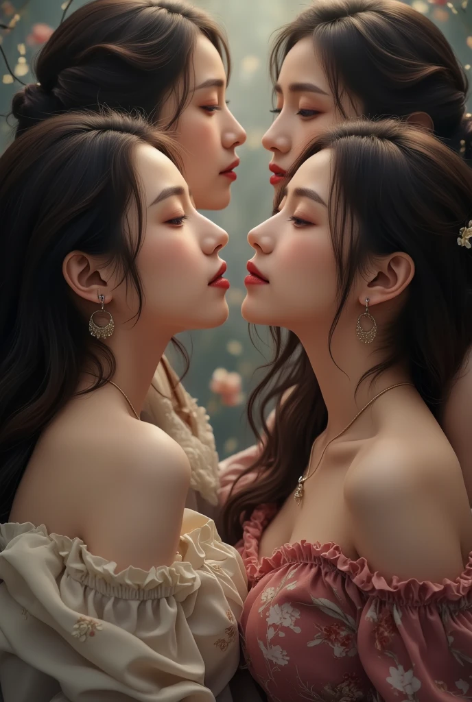 ((best quality)), ((masterpiece)), ((perfect face))、(detailed )、Detailed and clear photos、((Medieval European Dresses))、slender body、smile、Maroon hair、(((A kiss with eyes closed and tongues intertwined)))