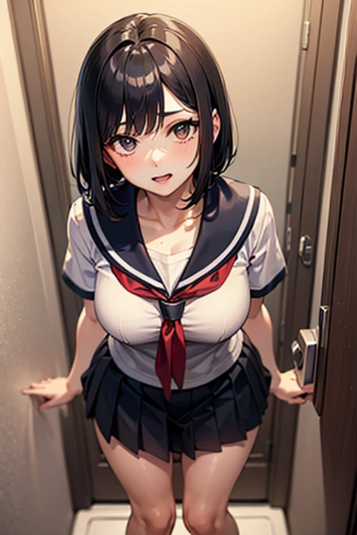 ((best quality)), ((masterpiece)), ((detailed)), (((perfect face))), (((slender 18yo teenage girl))), ((((medium breasts)))), ((((topless)))), ((((dark blue pleated skirt)))), ((dark brown hair)), ((short ponytail)), (((blue eyes))), ((shy:1.3)), ((blushing:1.5)), (((bare chest))), ((bare stomach)), ((bare shoulders)), (((bare arms))), (((walking))), ((((interior school corridor)))), (((walking))), (((shy arms))), (((looking at viewer))), (((holding laptop bag))), ((((detailed background))))