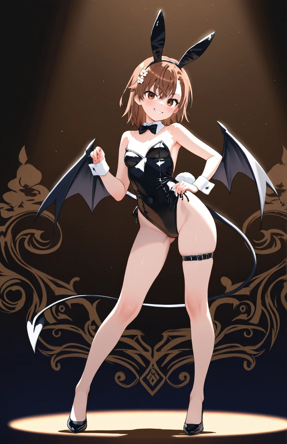 1girl, cat tail, cat ears, skinny, medium breast, shoulder-length hair, fluffy flipped hair, reddish-coral hair, swept bangs, heterochromia, blue left eye, green right eye, playboy black bunny, detached wing collar, bowtie, strapless leotard, black thighhighs, elbow black gloves, wrist cuffs, bare shoulders, lustful look, smile, tongue sticking out, :p, half-close eyes, sitting on the bed