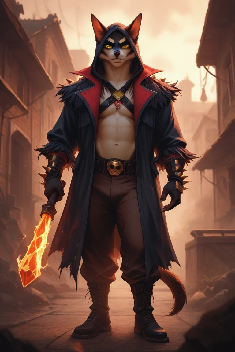 (((by fluff-kevlar, by Zackary911, by Kenket, by Kilinah))), solo male ((Kobold)), (detailed Kobold)) wearing a long cloak, muscular abs, Kobold black horns, Kobold tail, messy white hair, orange thigh highs, ((black micro-thong:fire pattern design on thong)), shirtless, front view, looking at the observer with an embarrassed smile, blush, , perspective, finely detailed paws, punk style, adventure backpack,
