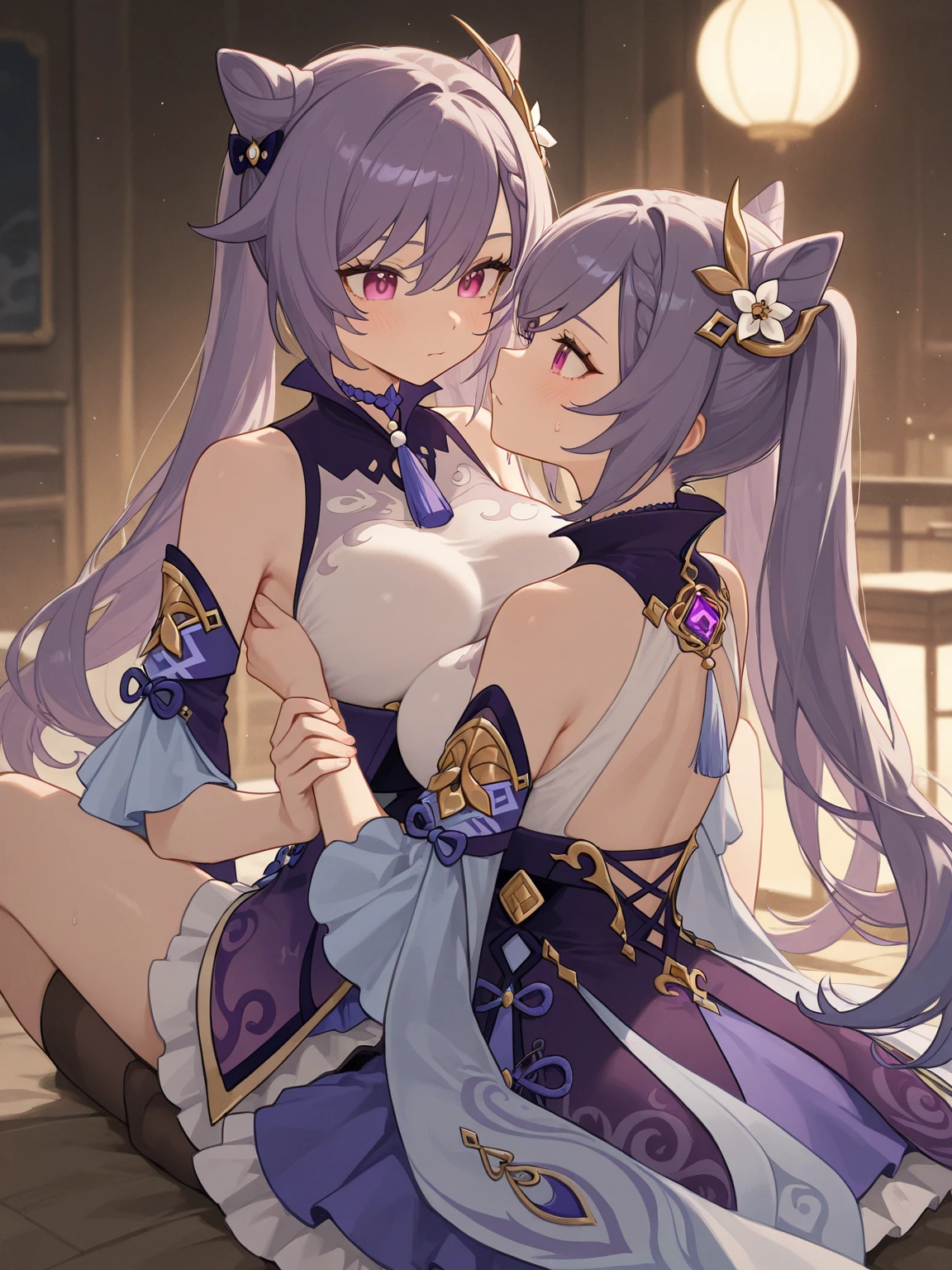 (masterpiece,best quality:1.3),(ultra-detailed,high resolution:1.2),(illustration),((an extremely delicate and beautiful)),(detailed background),((1girl,short stature)and(1muscular boy,tall stature)),hetero,(1girl,short stature:1.4), ((((Keqing/(((genshin impact/)))),(rolling eyes:1.4),(ahegao),(trembling), cum in pussy,(cum on clothes:1.4), cum on body,cum in mouth,cum on hair,excessive cum, (1muscular boy,tall stature:1.4),smug,large penis, ((vaginal,sex)),(upright straddle,couple,face-to-face,kiss),(wrestling ring),