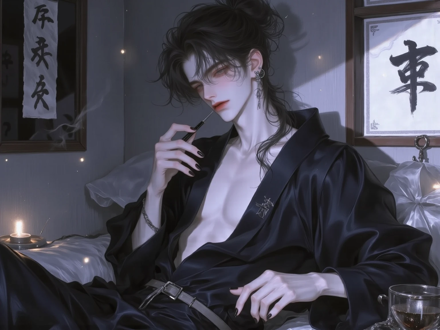 (masterpiece, best quality, detailed), 1boy androgynous and effeminate , solo, looking at viewer, candace, (pale skin, white-skinned boy androgynous 1.3), short hair with long locks, sidelocks, long hair, black hair ((heterochromia)),
white short,, white pull, basement, (black:1.5), dimly lit, ojou-sama pose, He has an indifferent expression