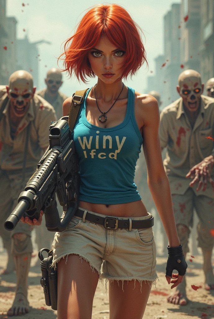 Beautiful woman with red bright messy hair and green eyes, she is standing in front of a building while holding a baseball bat on her shoulder. She is confident.