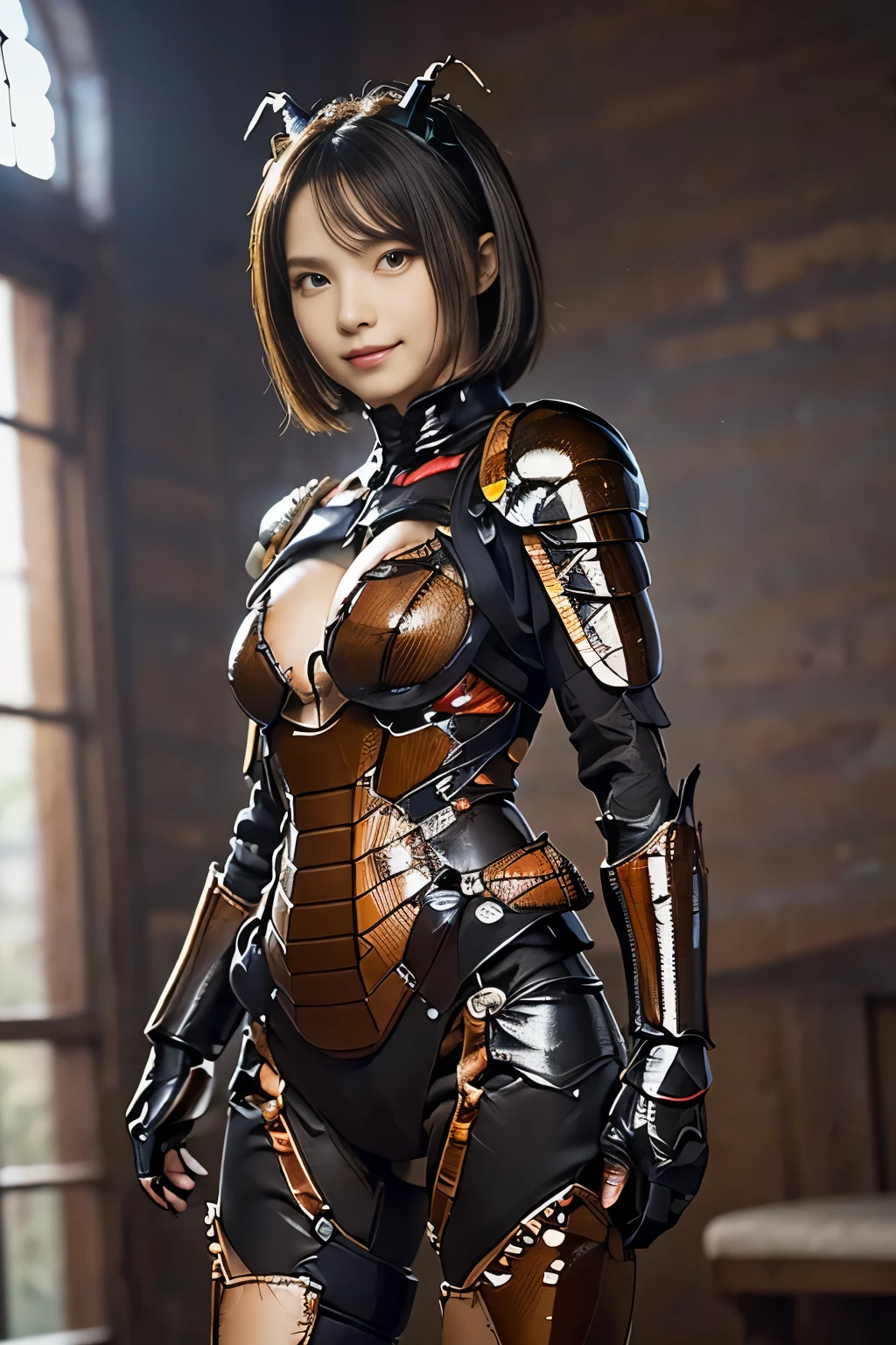(high resolution,masterpiece,best quality,extremely detailed CG, anime, official art:1.4), realistic, photo, amazing fine details, all intricate, gloss and shiny,awesome many layers, 8k wall paper, 3d, sketch, kawaii, illustration,( solo:1.4), perfect female proportion,villainess, (fusion of dark brown cockroach and lady:1.4), (brown cockroach form lady:1.2), (brown cockroach lady:1.2), (fusion:1.2), (solo:1.4), (evil smile:1.2), muscular, abs, (cockroach brown exoskeleton bio insect suit:1.4), (cockroach brown exoskeleton bio insect armor:1.2), (brown transparency cockroach wing:1.4), (brown cockroach antennae:1.3),