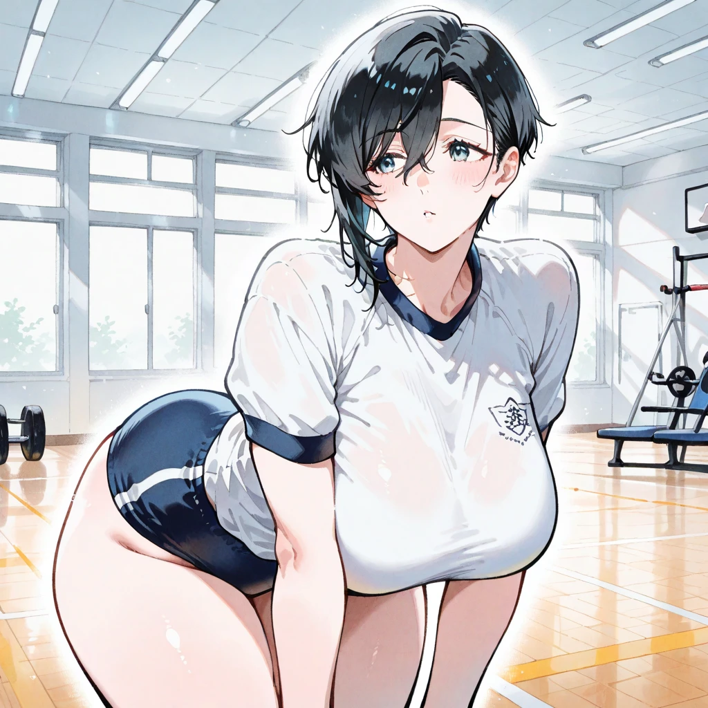 score_9, score_8_up, score_7_up, score_6_up, score_5_up, score_4_up, BREAK, source_anime, anime screencap, anime coloring, stiff-looking beautiful female teacher, solo, perfect anatomy, black hair, medium bob hair, asymmetry_bangs, forehead, brown eyes, hair behind ear, glasses, smile, looking at viewer, sweat, (skintight, very tight gym uniform, white shirt, shirt-in, under sized micro blue buruma, zettai ryouiki white thighhighs), whistle, sagging huge_breasts, tarechichi, erect nipples, thigh gap, indoor, gym, hand on hip, standing, (unshaven hairy natural public hair)