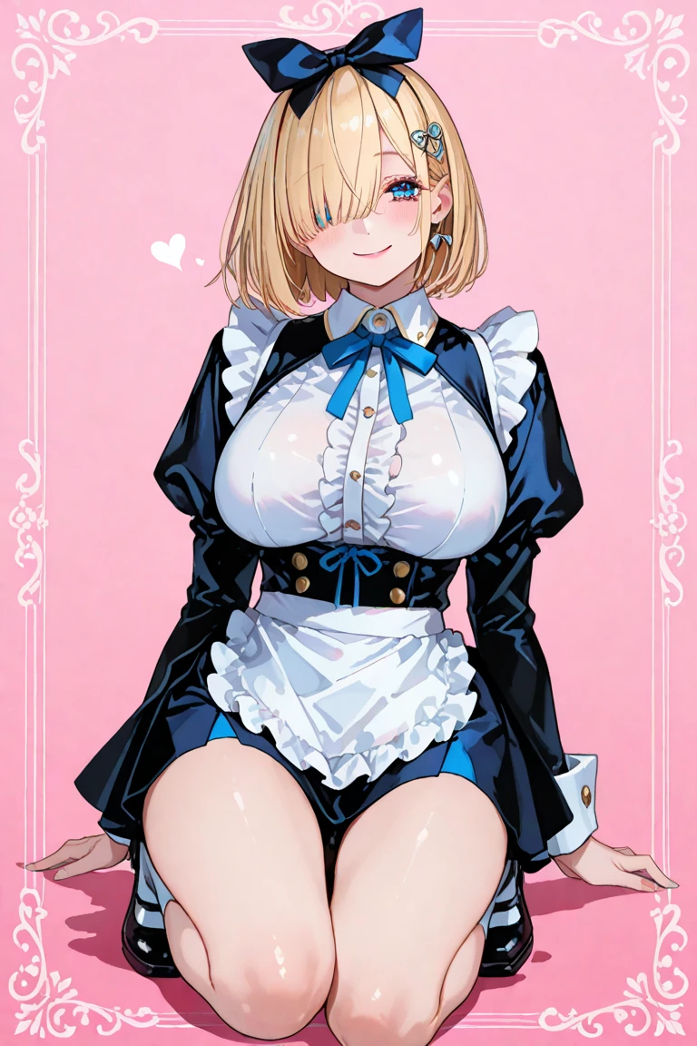 anime artwork, score_9, score_8_up, score_7_up, score_6_up, score_5_up, score_4_up, big breasts, White hair , short hair, pinched eyes, (big-:1.5) , Thin legs, thin body, leather collar, Maid outfit victorian, dynamic pose, full body, View from below, wide hips, Kneeling, smiling, pleading