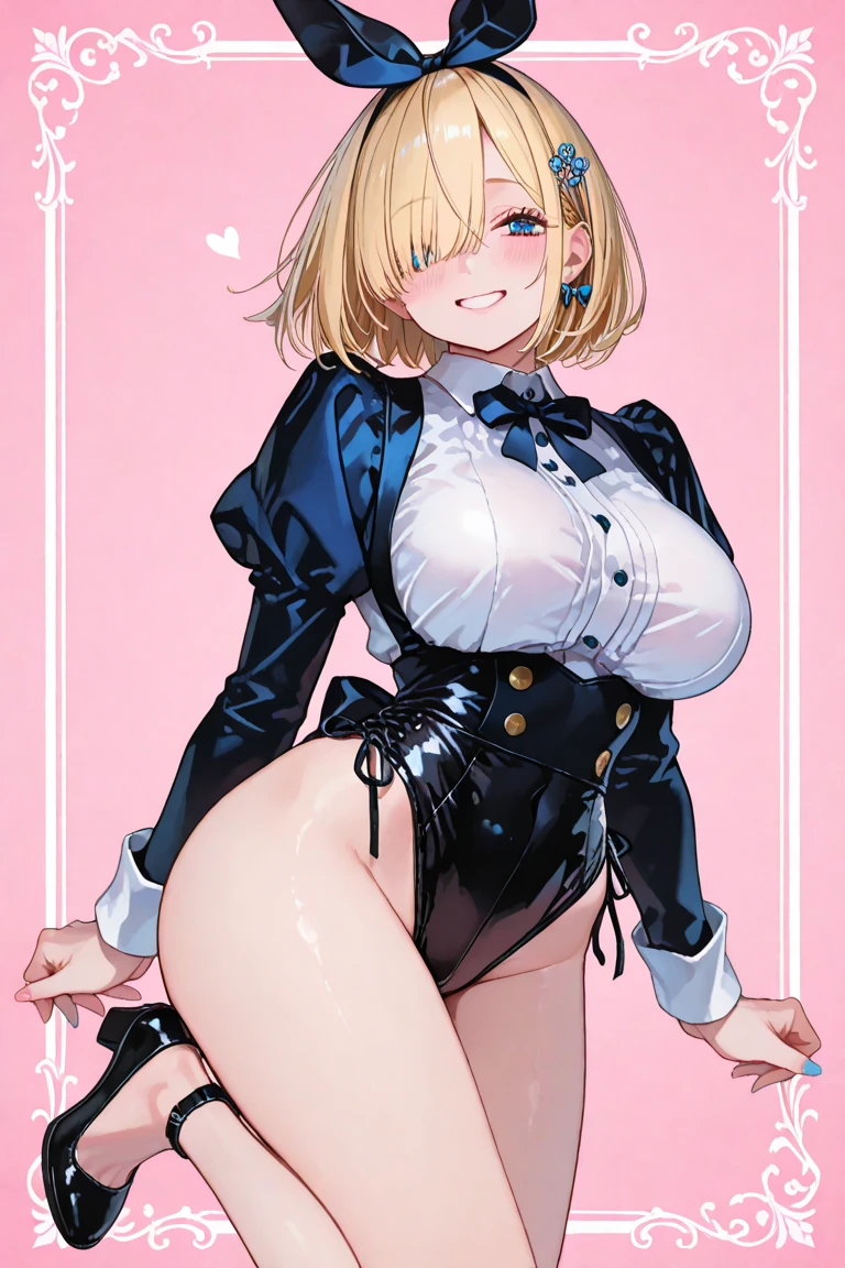 HMS_Renown \(warship girls r\),((masterpiece)),(((best quality))),((ultra-detailed)),((illustration)),((disheveled hair)),((frills)),
1girl,bare shoulders,black bow,black bowtie,black footwear,black legwear,black leotard,blonde hair,blush,bow,bowtie,breasts,cleavage,covered navel,detached collar,fake animal ears,fake tail,full body,gradient,high heels,kneeling,large breasts,leg garter,leotard,short hair,looking at viewer,pantyhose,playboy bunny,rabbit ears,rabbit tail,smile,solo,strapless,strapless leotard,tail,wrist cuffs,
Redraw your eyes,(blue left eye:1.2),Heterochromia,(yellow right eye:1.2),Anyone can have heterochromia,