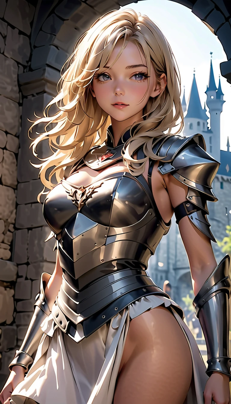 Realistic lighting, Top Quority, 8K resolution, (masterpiece: 1.3), (Clear focus: 1.2), 1 girl, delicate face, big double eyelids, Sensual expression, Perfect anatomy of the body, (perfect body: 1.6), (big chest 1.7), long blonde hair, (best breasts: 1.8), armor, long knife, magia, exterior, (date: 1.1), 1080p, hyper HD, texture, super detailed, best quality, high detail, highest quality.