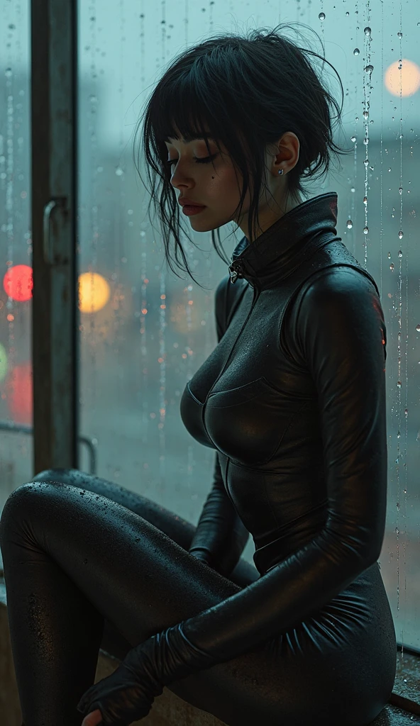 Masterpiece, , intricately detailed background, (UHD, 8K wallpaper, High resolution), Cinematic lighting, award-winning, extremely detailed skin, extra detailed face, high detail eyes, photo-realistic, Zeiss 85 mm F/1.4, by Ellen von Unwerth,  hot look , sitting on rain street, ,  kneeling, ,sexy leggings,slim top,bulma