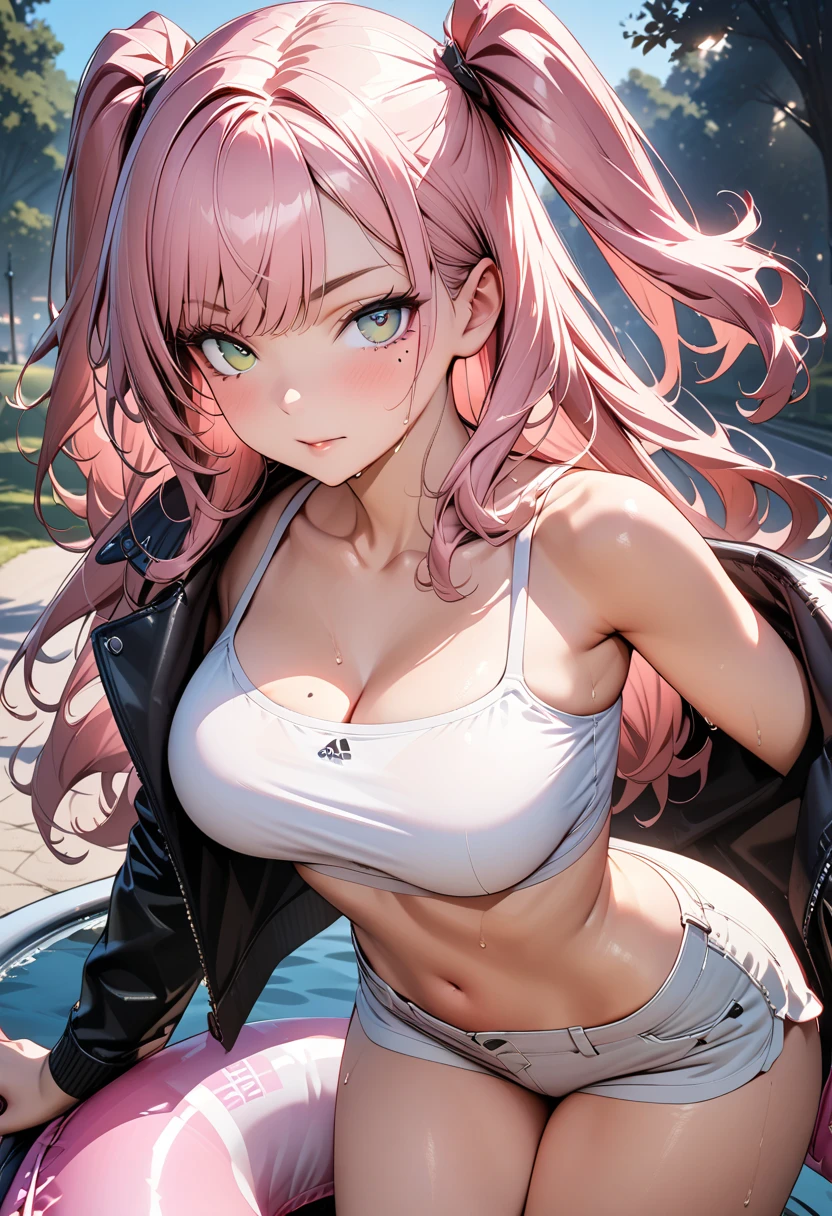 young woman, really long pink hair, messy hair, beautiful, sitting on park bench, lots of hair volume, light brown eyes, white clips in hair, lots of silver earrings ears, multiple ear piercings (lobe, helix, and orbital ear piercings, choker necklace, pink crop top and black shorts, low rise skirt, normal hair style, thin frame