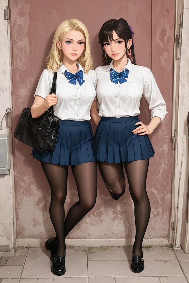 Highest quality,masterpiece,Ultra-high resolution, Very detailed, 8K,a beautiful Japanese woman:1.5, Small face, Blonde、 Breast Augmentation Surgery, (High school uniform:1.5, Pleated skirt, Navy tight bloomers, bag), Spread your legs、 Sitting in a Yamanote Line train、 Skirt flip、 Provocative smile、 face to face