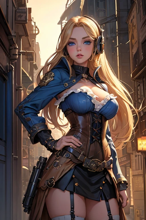 (comic book style),(line drawing_anime),(cowboy shot, highest quality, ),(Laura Budd Photo:1.2),(Laura Add Details:1.0),8k, flat color:0.8,1 girl,smile、(steampunk、silk hat、goggles、machinery background、1.5),Gear background、