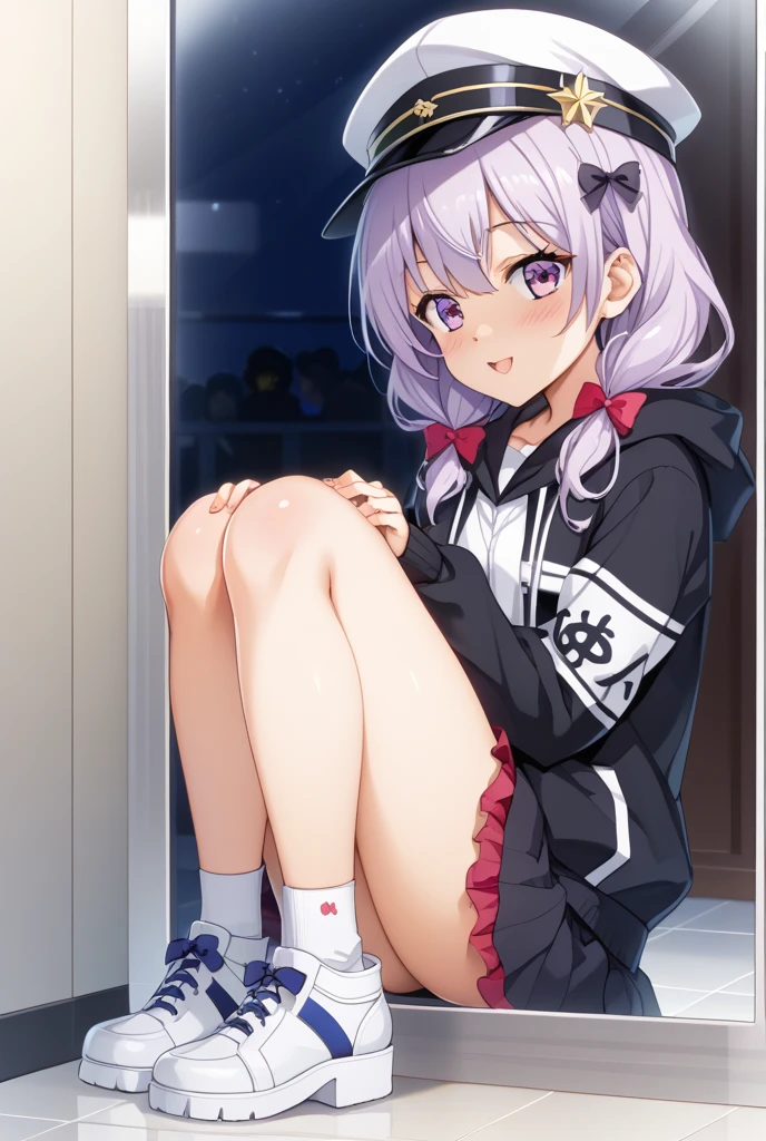(highest quality,8k,High resolution, masterpiece:1.2), Super detailed, High resolution、One Girl、Light purple hair color、There are some stylish pink lines in her hair.、ponytail、older sister、Top jersey、Jacket size XL、hot pants、Beautiful feet、Thin legs、Naughty expression、Mocking look