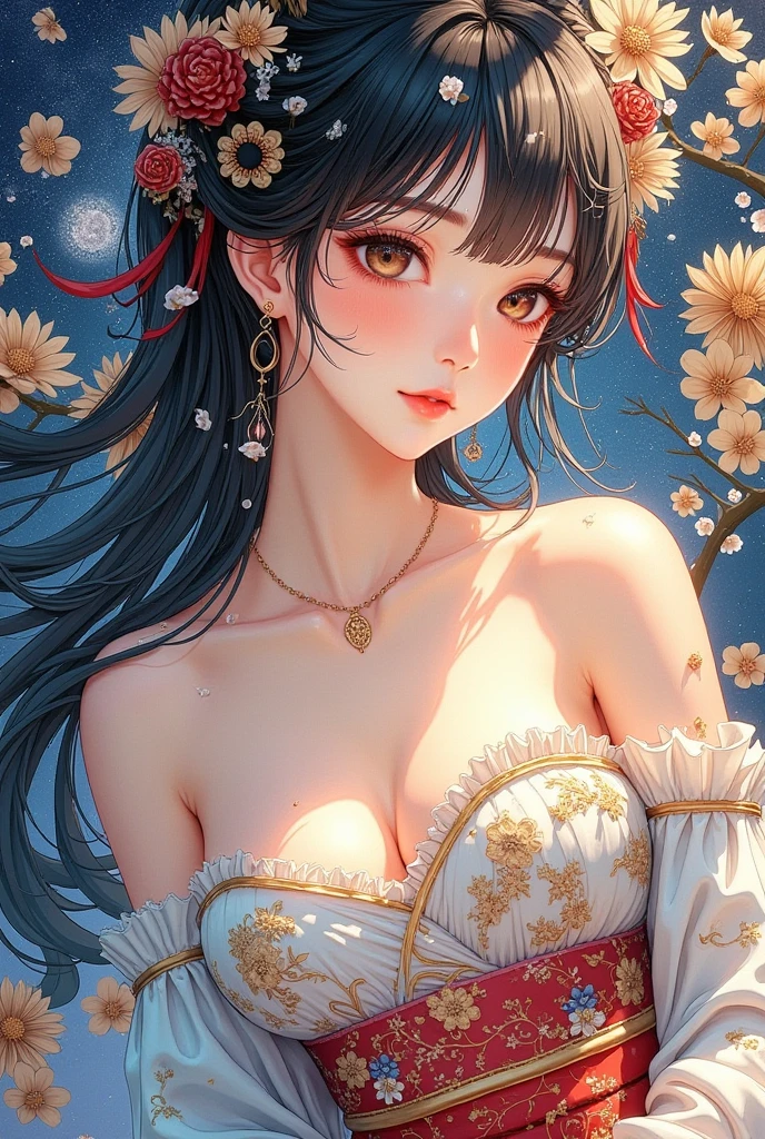 ((8k wallpaper of extremely detailed CG unit, masterpiece, hight resolution, top-quality, top-qualityのリアルテクスチャスキン)), (a very beautiful woman, Plump lips, The upper part of the body, Japanese pattern blouson:1.2, Japanese pattern micro mini shorts:1.2), (A dark-haired, hair messy, de pele branca, small tit), ((Colorful background with geometric patterns, Japanese pattern background, warm color)), (hyper realisitic, digitial painting),nsfw,slender body shape, (Hyper-realistic) , (illustration), (Increase the resolution), (8K), (RAW photos,best qualtiy),(realisticlying,photograph realistic:1.3),best qualtiy,highly detailed,tmasterpiece,Hyper-detailing,( the wallpaper), (Detailed face), solo,1girll,The is very detailed,dynamic angle,cow boy shot,The most beautiful form of chaos,elegant,Fauvist design,vivd colour,Goddess of romanticism,Model figure,ancient costume,best qualtiy,Extremely detailed jewelry,Peony petals,scenecy,rios|Wagas,nsfw, chinese dress, slender , black dress,dynasty, white top, black bottom