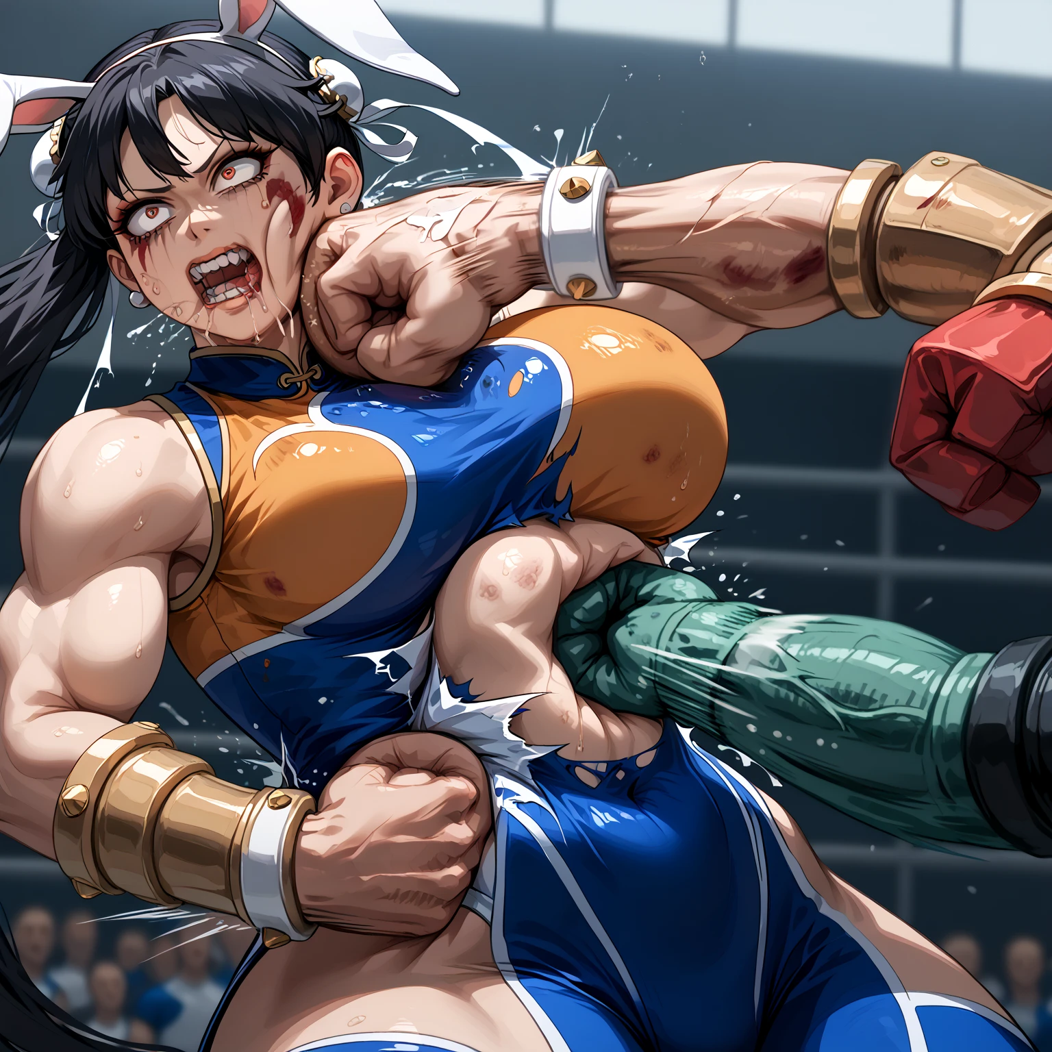 A beautiful 24-year-old female heavyweight mixed martial artist being attacked unilaterally in an underground fighting arena。The whole body is full of bruises。bleed。feeling ecstasy。orgasm。My whole body was drenched in sweat.、Love juice drips down her thighs from between her legilk spurts from her very erect nipples。naked。Super big breastuscular。six pack abs。black hair。thin waist。open finger gloves。