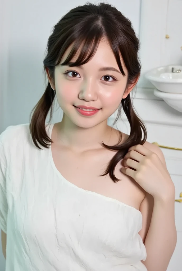 （Browsing Caution:1.2）, （Nude:1.9）,（Completely naked:1.9）,(masterpiece:1.0), (Highest quality:1.2), (Ultra-high resolution:1.2), 8K resolution,  Baby Face、(:1.2), （beautiful girl:1.2）、　Full body image、Japanese、Baby Face、ponytail、belly button、Shaved、Show your side、Raise your arms、Show your side,（Child body type:1.2）、（Flat Chest:1.2）、Sharp focus, Cinema Lighting, Beautiful face in every detail, Detailed skin texture, Pale skin, Detailed brown hair,  smile, Realistic glowing skin, Beautiful plump nipples,Slim waist, 魅惑的なsmile,（Pink areola:1.2）, （Head to Knee:1.2）