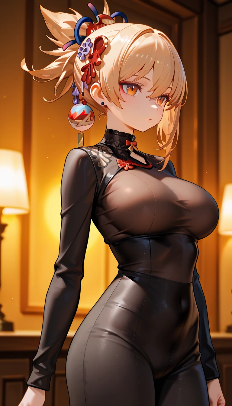 Highest quality,masterpiece,One girl, mature_Lady, (torn Clothes:1.3), blush,,White vest, Black leather pants,Black leather jacket,In a traditional Chinese room,floating_Clothes