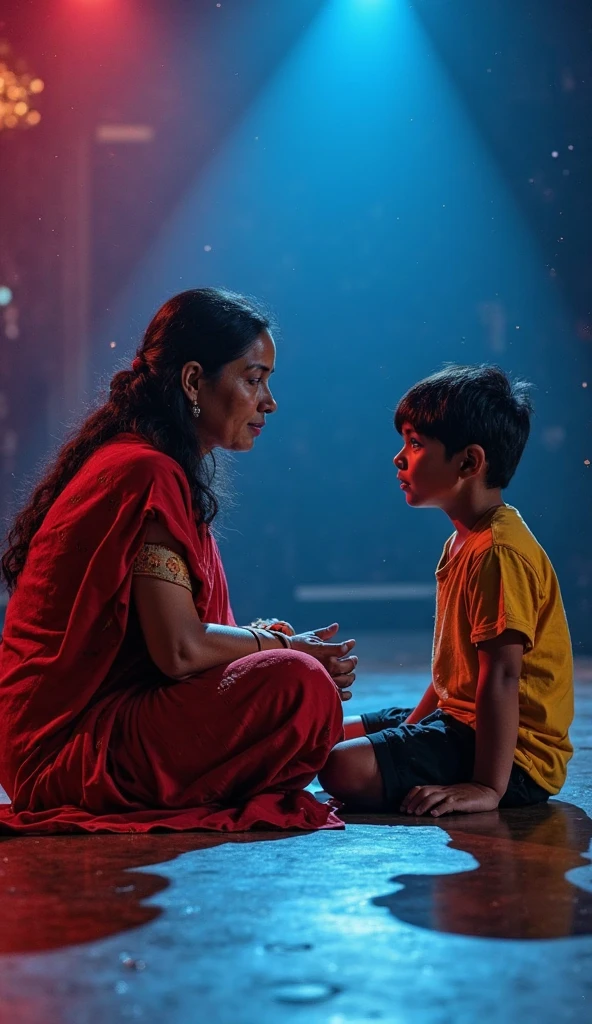 At night, one 1 indian boy, wearing tshirt shorts, sitting on back seat of the car, and 40 year old indian woman, is sitting on that boy's lap, That woman wears kurta and slack, Back seat the car.